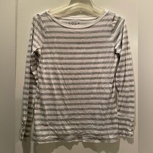 LOFT Cotton Crew Neck Grey/White Stripes Long Sleeve T Shirt Top